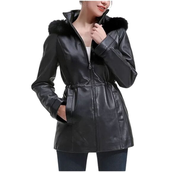 Covington Black Leather Hooded Coat Cinched Waist Biker Women's Size L 14/16 - Picture 1 of 11
